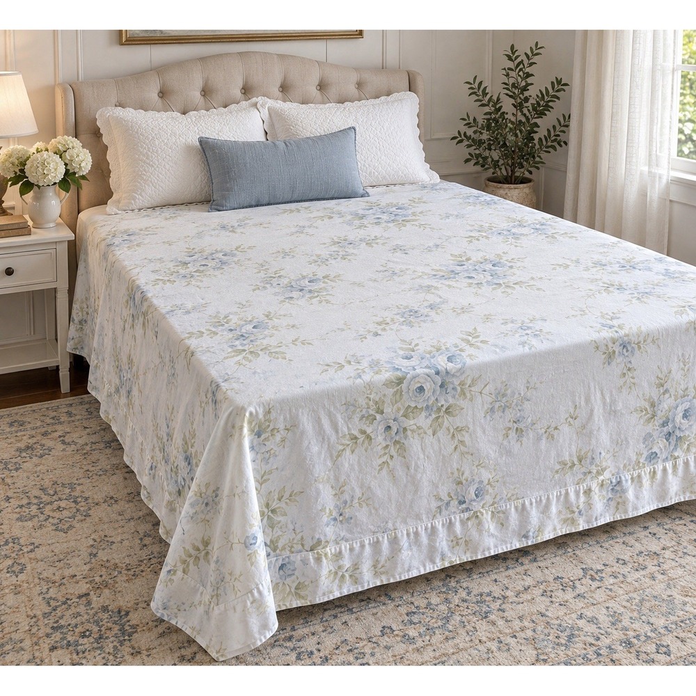 Shabby Chic British Rose Full Flat Sheets-Lot Of 2- Blue Floral Rachel Ashwell
